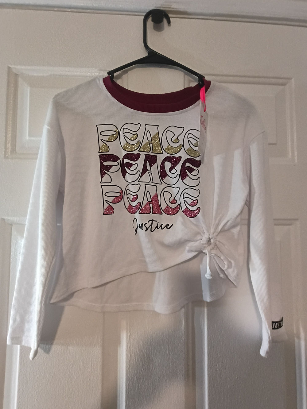 Justice White Long Sleeve 'Peace' Graphic Top with Pink Trim and Glitter Accents